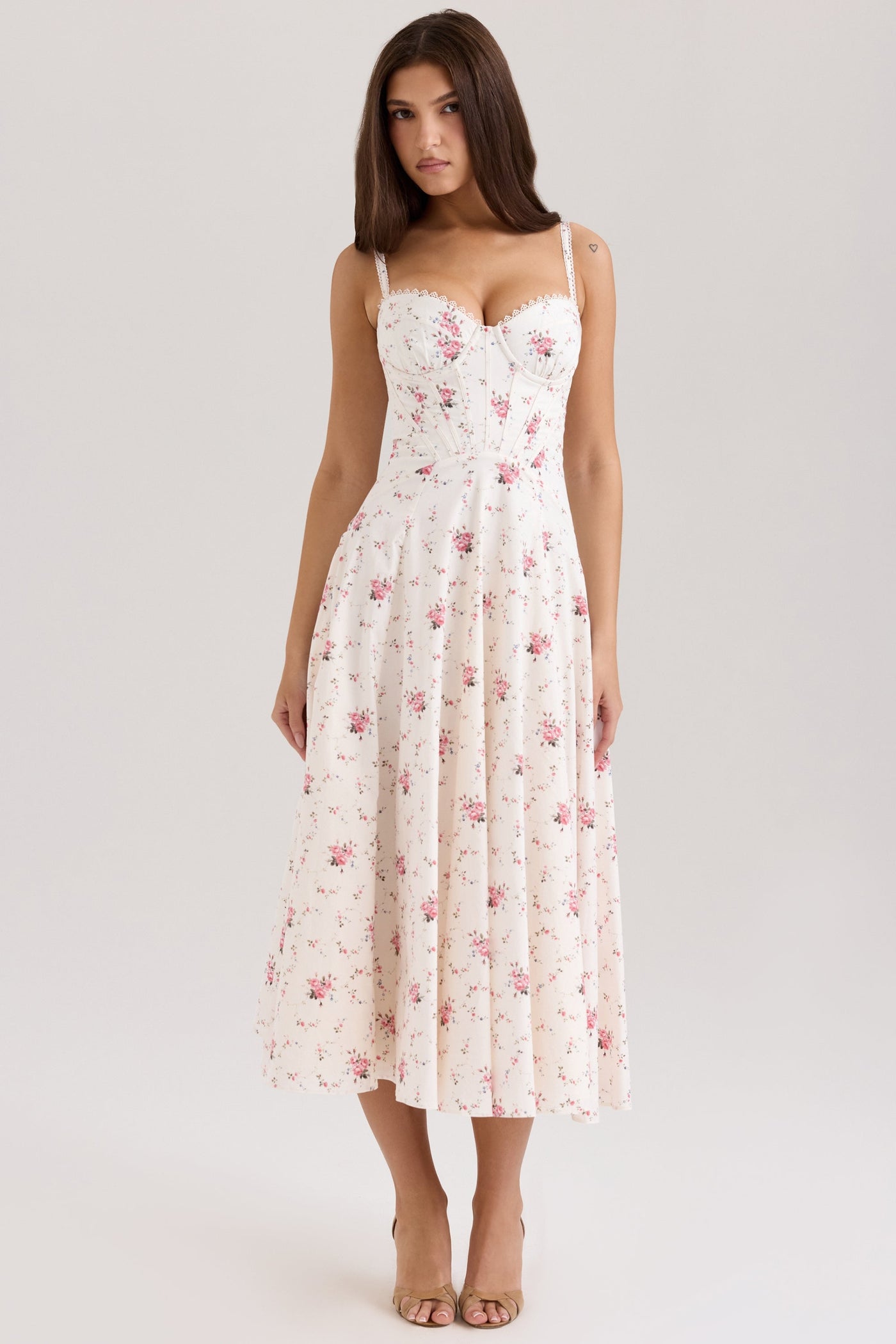 Calista | Cream Rose Print Mesh Maxi Dress - IVORY MUSE