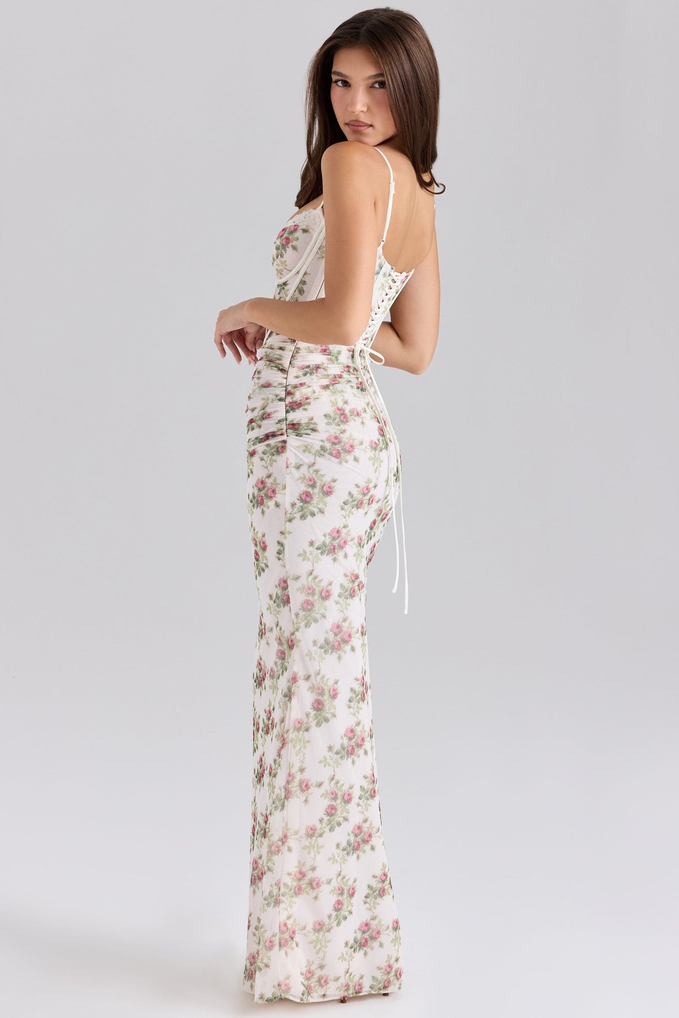 Calista | Cream Rose Print Mesh Maxi Dress - IVORY MUSE