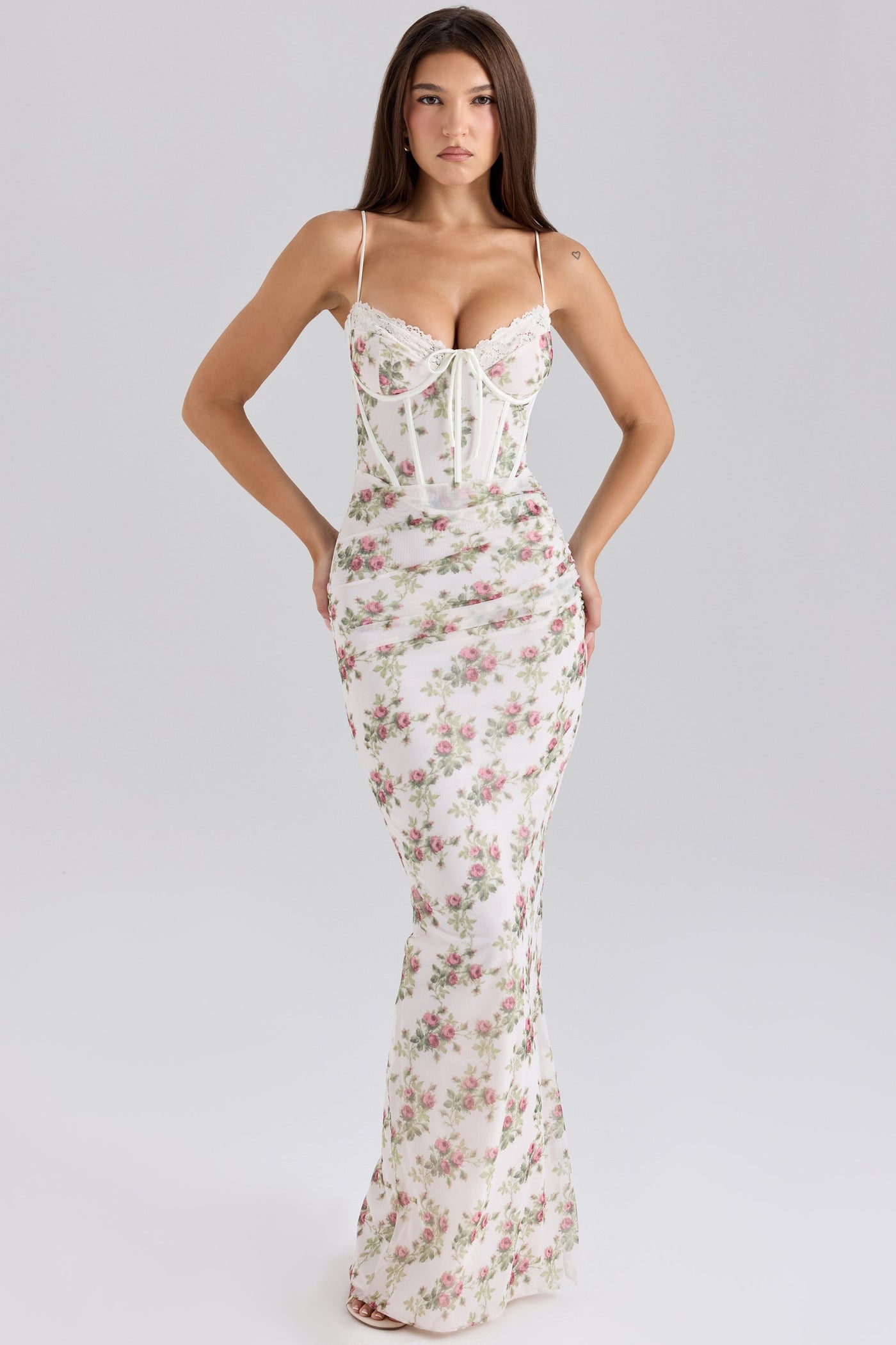 Calista | Cream Rose Print Mesh Maxi Dress - IVORY MUSE