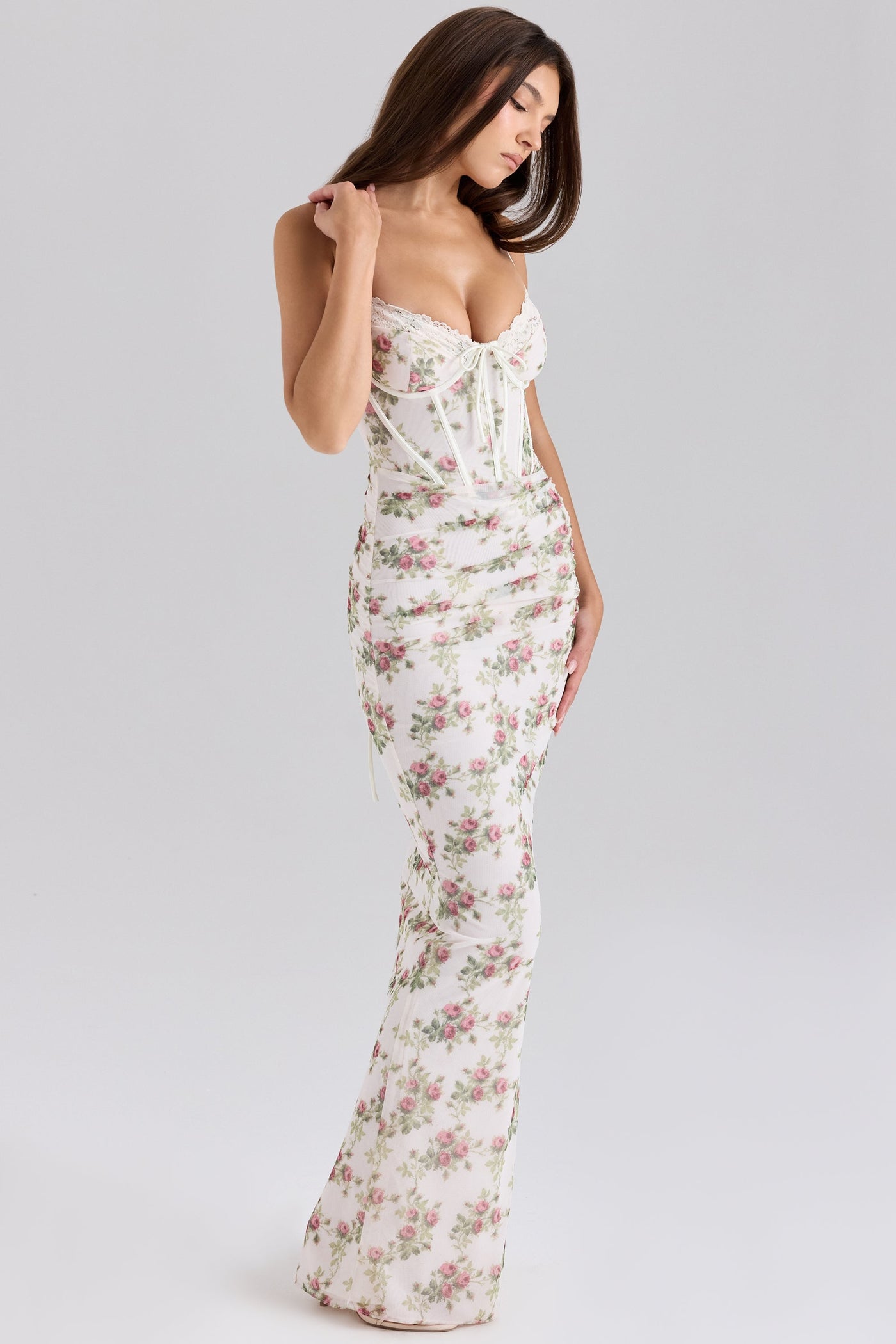 Calista | Cream Rose Print Mesh Maxi Dress - IVORY MUSE