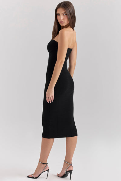 Magdalena | Black Strapless Knit Midi Dress - IVORY MUSE