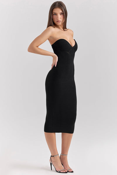 Magdalena | Black Strapless Knit Midi Dress - IVORY MUSE